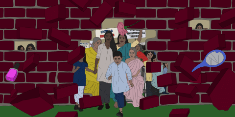 Illustration of youth breaking the wall with a mob behind them