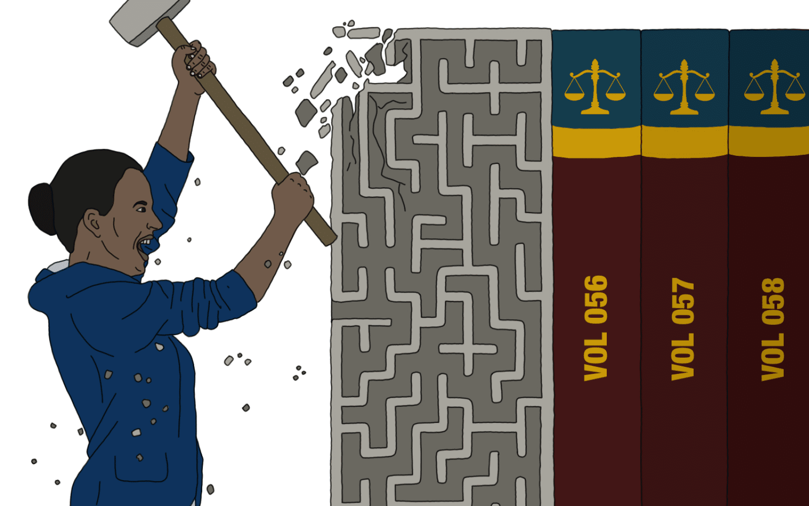 A lady breaking a maze to access legal books
