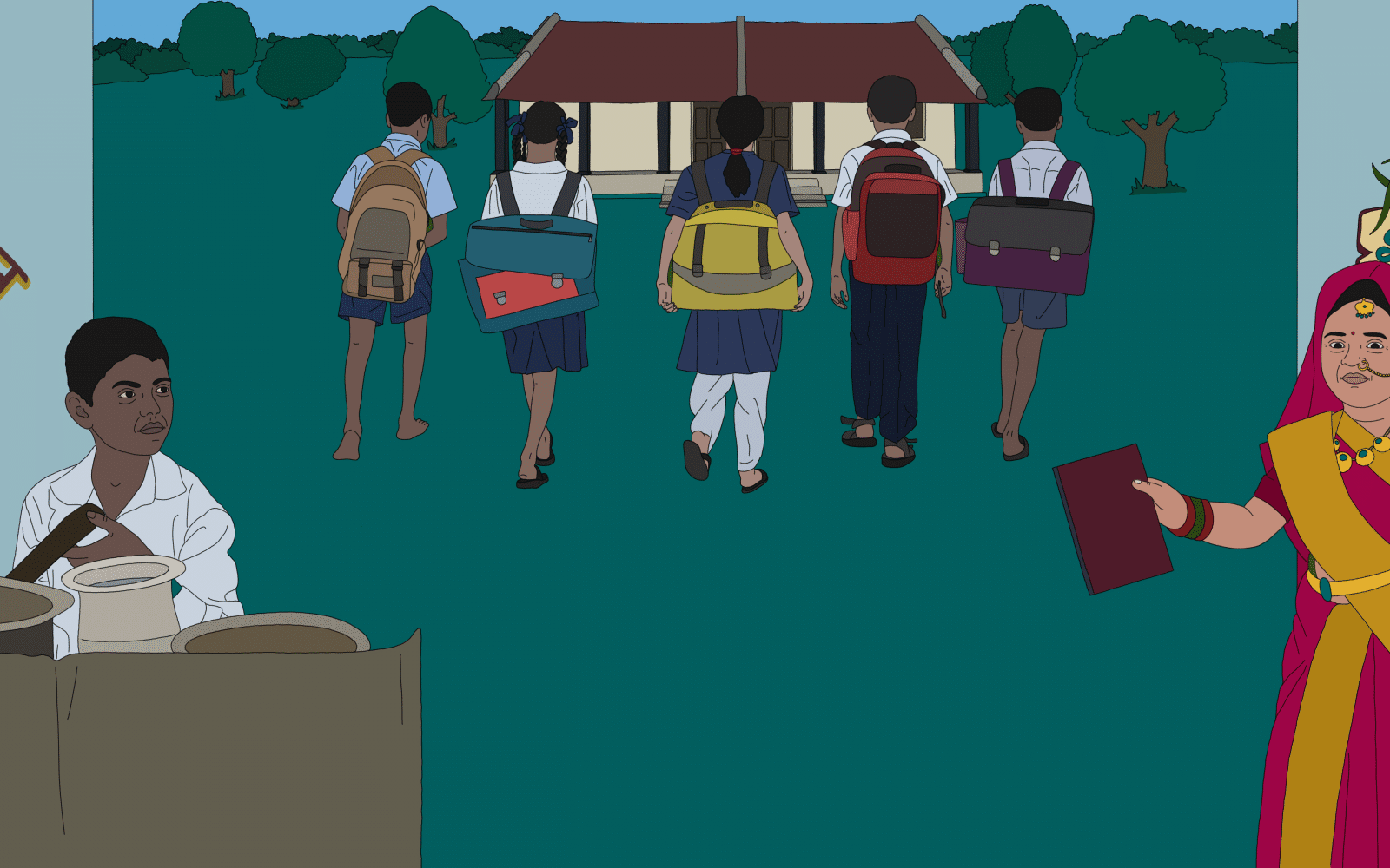 Illustration showing child bride and on the other hand kids going to school