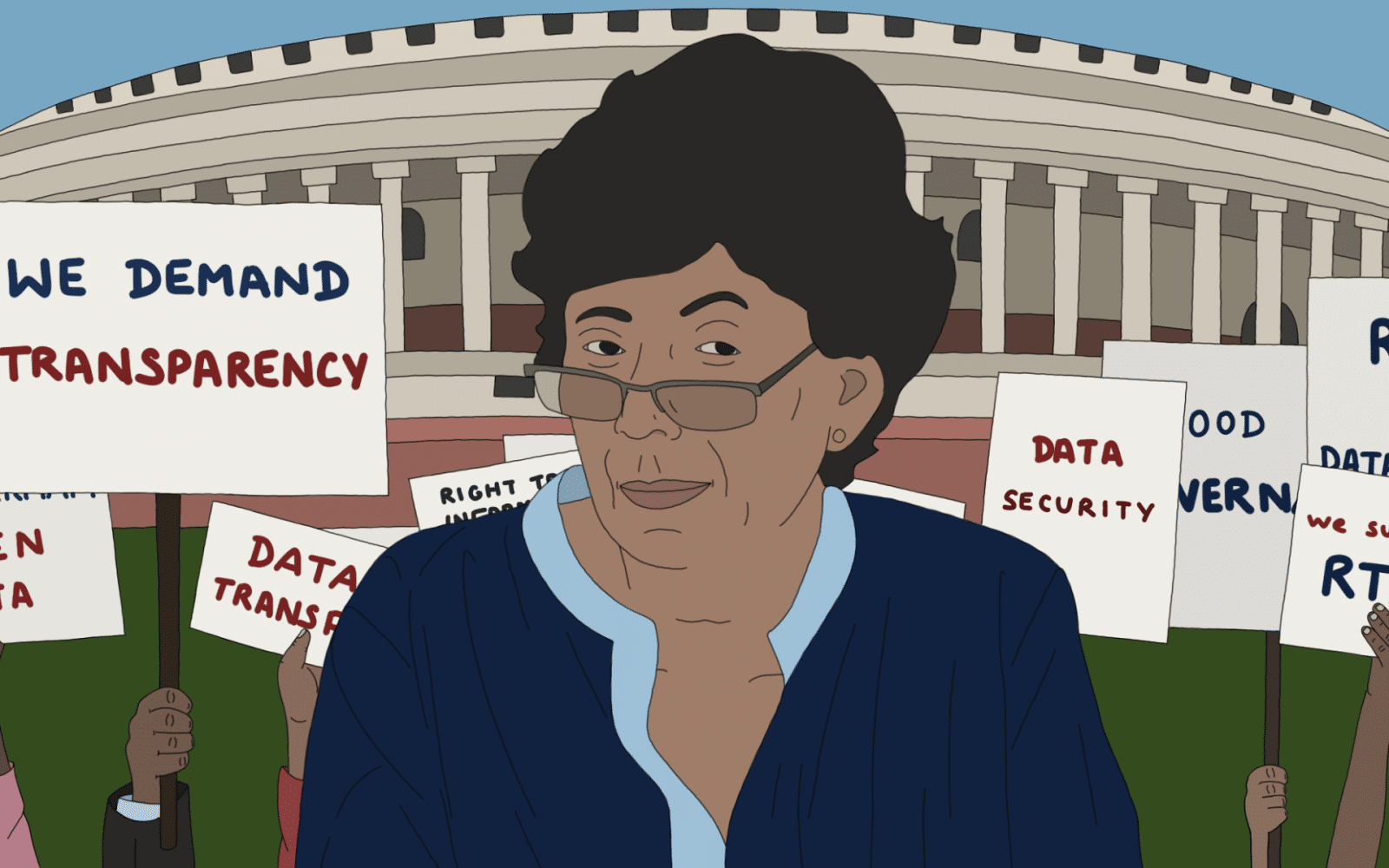 illustration of maja daruwala with parliament in the backdrop
