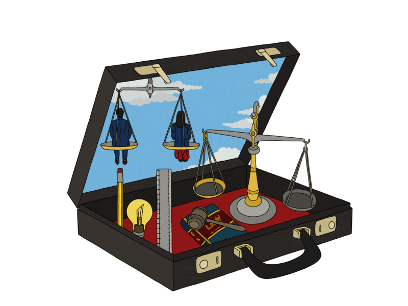 Suitcase with legal instruments: scale, gavel