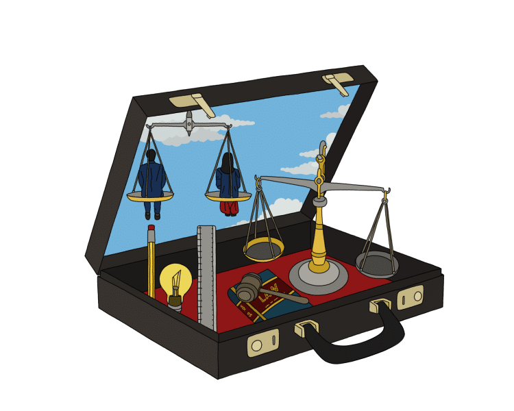 Suitcase with legal instruments: scale, gavel